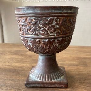 Footed Pedestal Ceramic Bowl Vase with floral vine -Brown